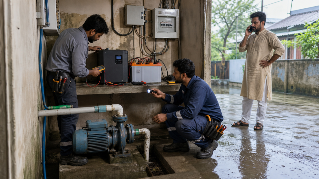 বৃষ্টির পর পানির পাম্প IPS ও বৈদ্যুতিক সংযোগ নিরাপদে পরীক্ষা করছেন ইলেকট্রিশিয়ান ও পাম্প মেকানিক