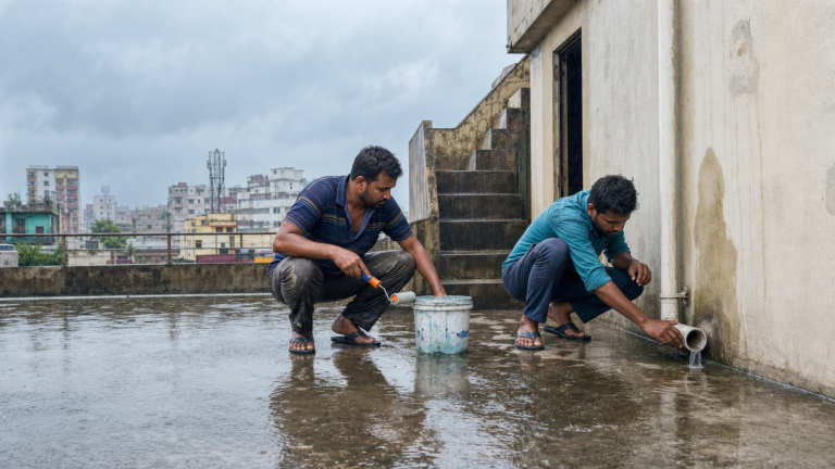 বর্ষায় ছাদে পানি জমে চুইয়ে পড়া বন্ধ করতে ওয়াটারপ্রুফিং কর্মী ও প্লাম্বার ছাদের ড্রেন পরীক্ষা করছেন