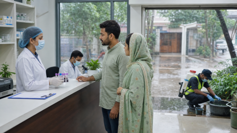 ডেঙ্গু টেস্টের জন্য ডায়াগনস্টিক সেন্টারে খোঁজ নিচ্ছেন একজন গ্রাহক এবং বাইরে মশা নিয়ন্ত্রণ কর্মী পানি জমার স্থান পরীক্ষা করছেন