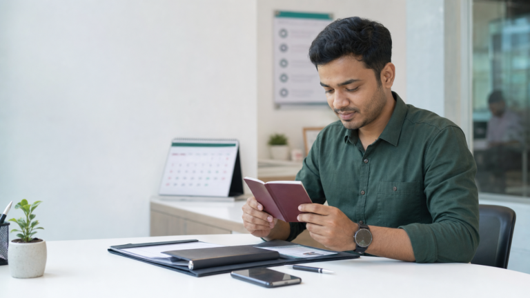 নতুন e-Passport করার নিয়ম ২০২৬—আবেদনকারী কাগজপত্র ও পাসপোর্ট যাচাই করছেন