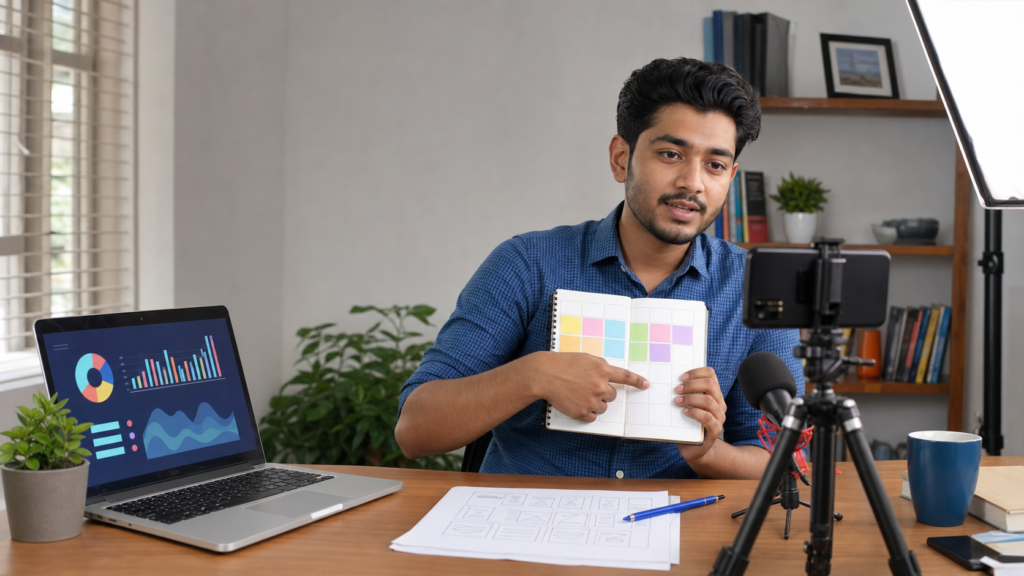 নব্বই দিনের ফেসবুক কনটেন্ট পরিকল্পনা নিয়ে ভিডিও তৈরি করছেন একজন বাংলাদেশি ক্রিয়েটর