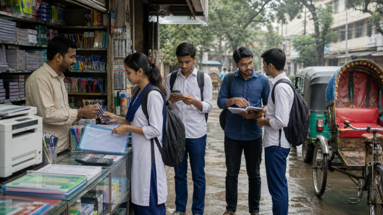 HSC 2026 পরীক্ষার্থীরা পরীক্ষা কেন্দ্রের কাছাকাছি ফটোকপি স্টেশনারি দোকান থেকে কলম ফাইল ও প্রয়োজনীয় কাগজ নিচ্ছে
